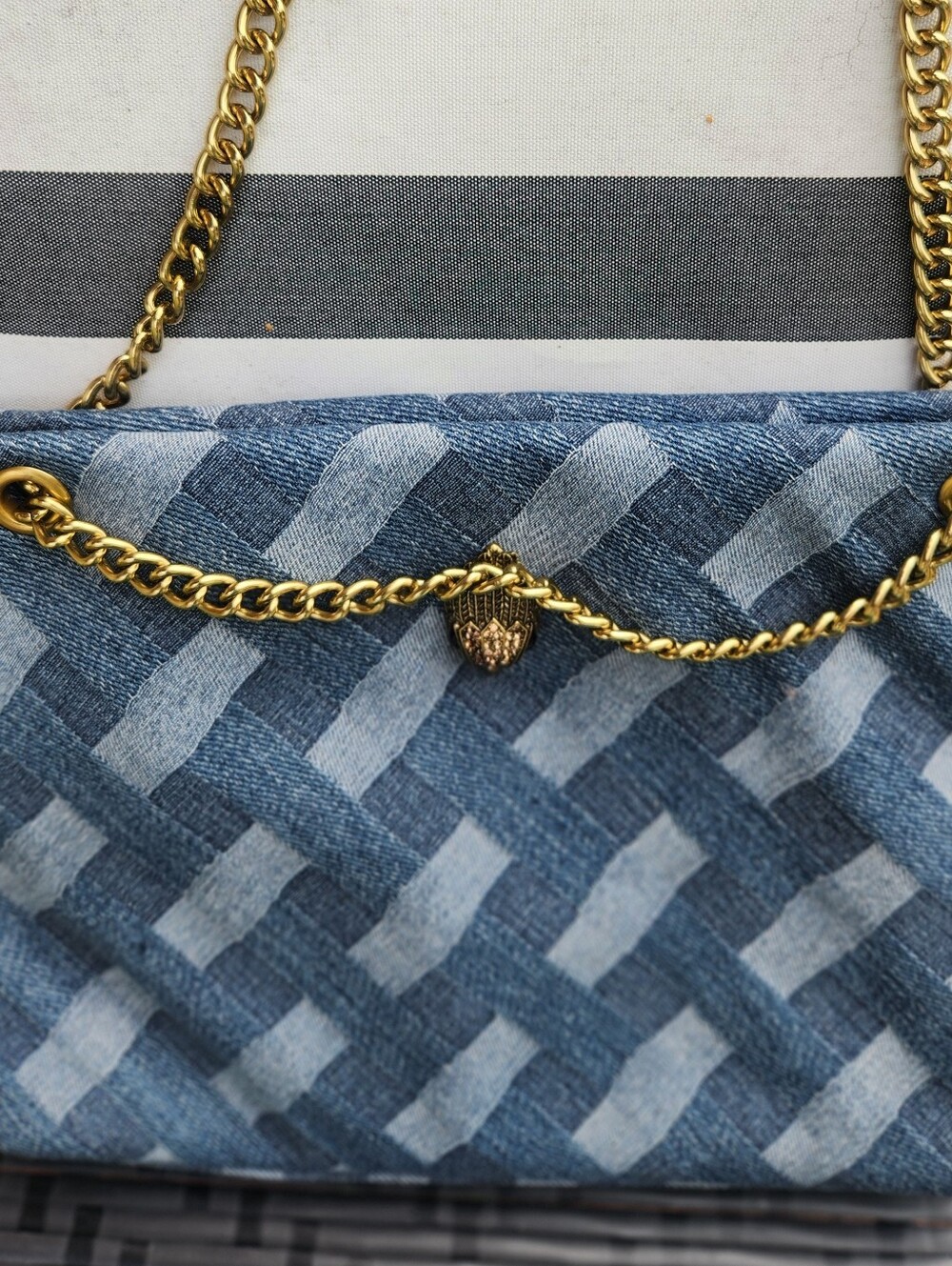 Kurt Geiger Blue Denim Weave Shoulder Bag with Gold Chain NWOT